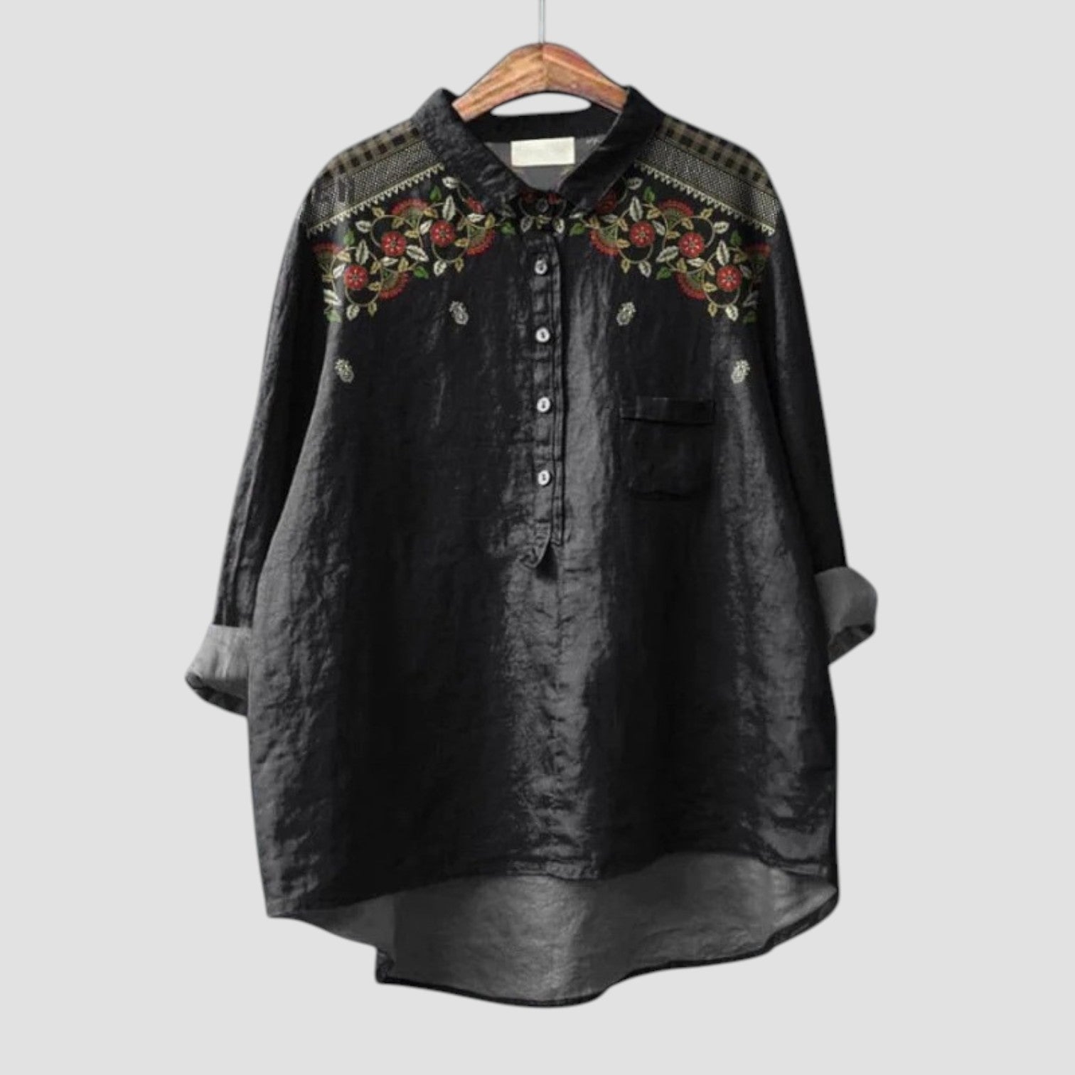 Carina | Zwarte Oversized Blouse met Bloemenborduursel voor een Elegante en Ontspannen Stijl