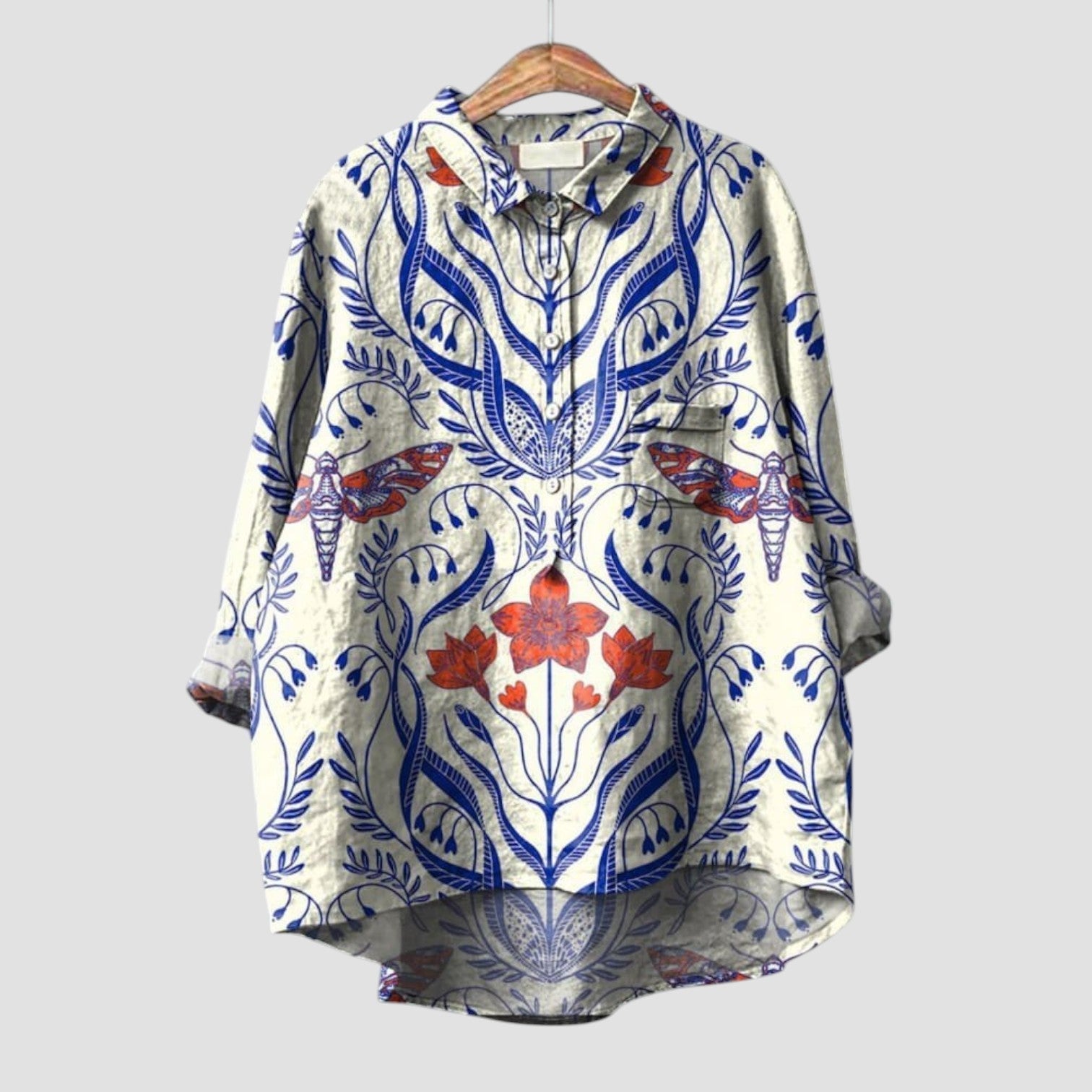 Ivana | Oversized blouse voor vrouw met botanische print en natuurlijke stijl