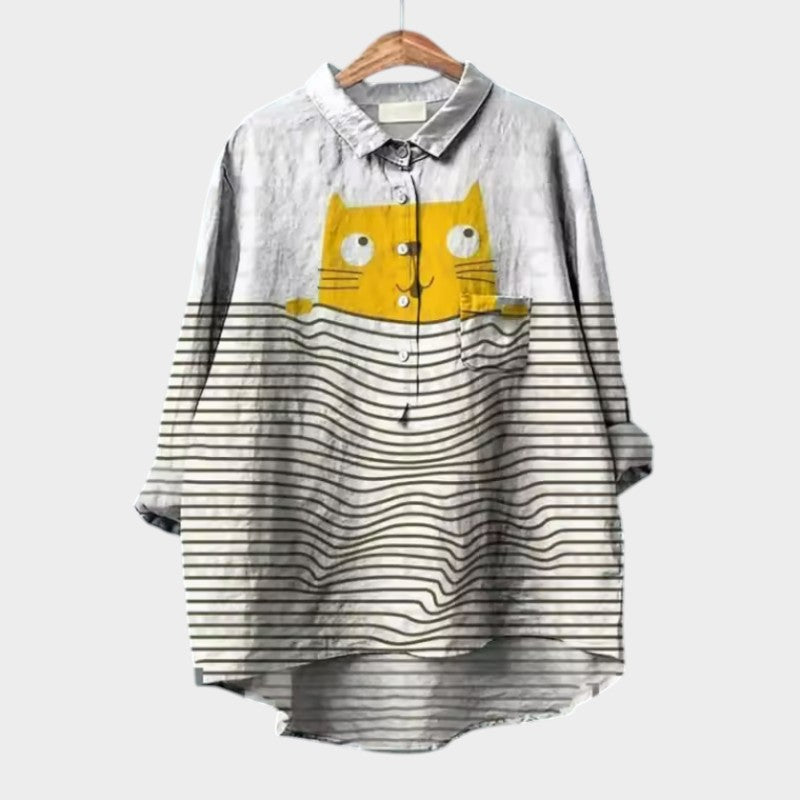 VIVIANA | Oversized Blouse met Aquarel Katten en Vrolijk Comfort voor Elk Moment