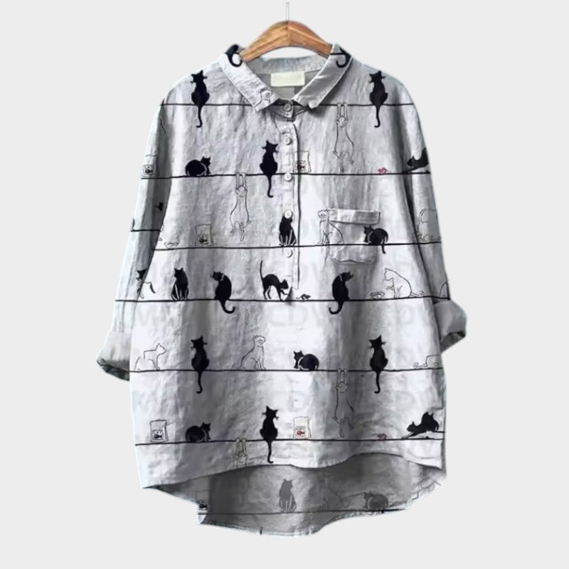 VIVIANA | Oversized Blouse met Aquarel Katten en Vrolijk Comfort voor Elk Moment