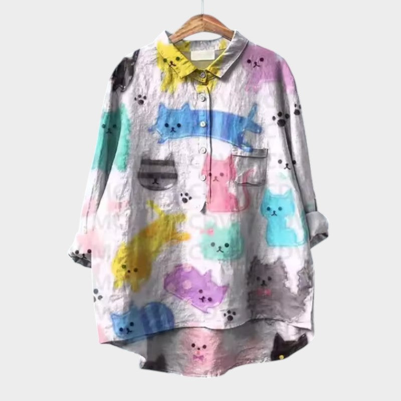 VIVIANA | Oversized Blouse met Aquarel Katten en Vrolijk Comfort voor Elk Moment