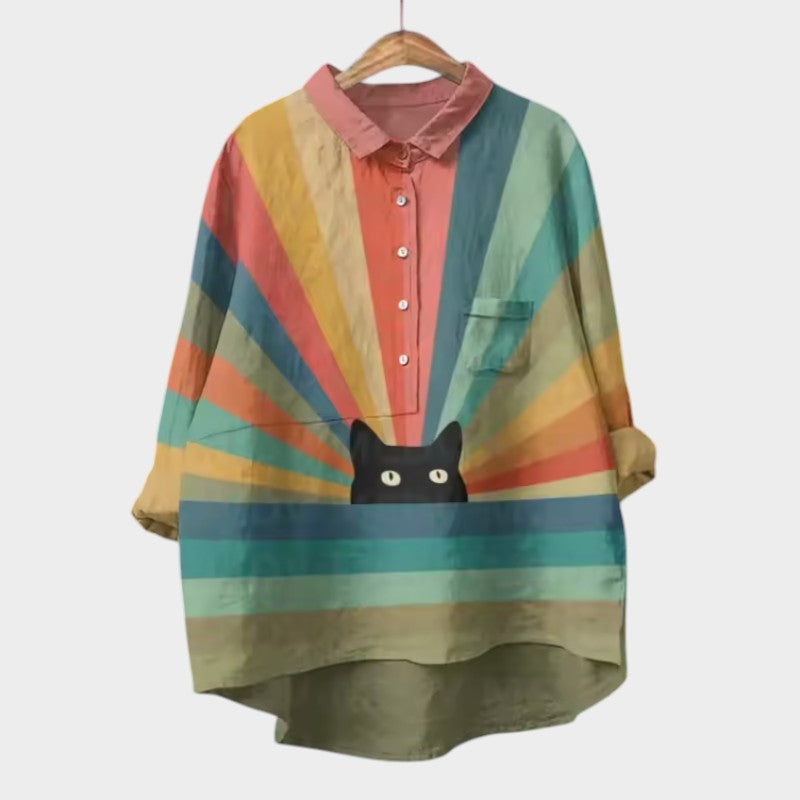 VIVIANA | Oversized Blouse met Aquarel Katten en Vrolijk Comfort voor Elk Moment